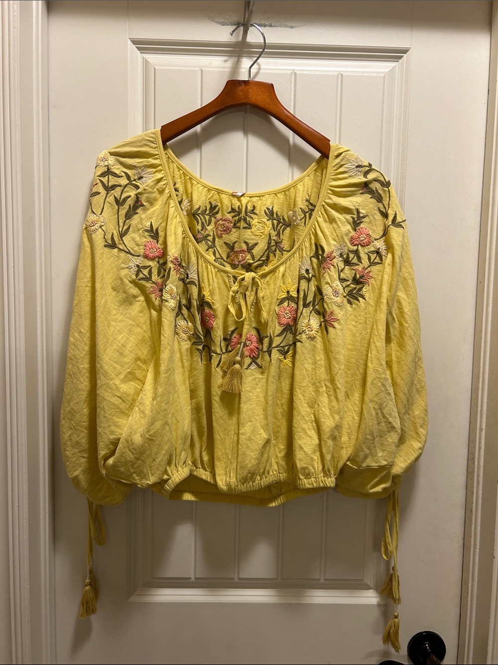 NWT Free People Yellow Plumeria  Embroidered Peasant Blouse - Picture 2 of 5